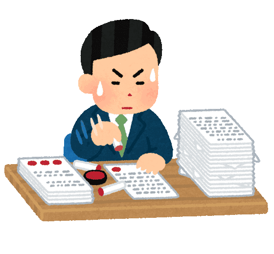 An office worker sitting behind a tall stack of paper documents, stamping them one sheet at a time.