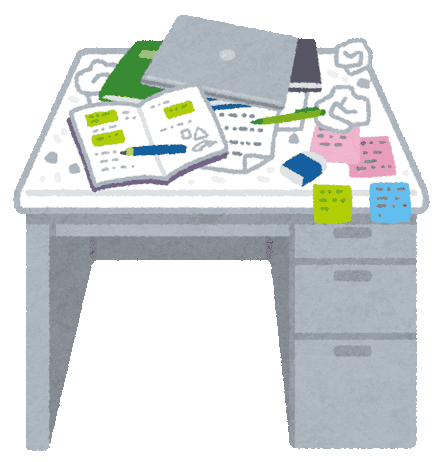 An office desk buried under loose paper, open notebooks and sticky notes.